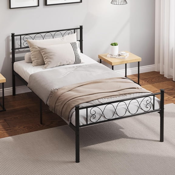 Twin Size Metal Platform Bed with Headboard and Under-Bed Storage Space, Strong Bearing Capacity, Steel Slats Support Modern Bed Frame, No Box Spring Needed, Easy Assembly, Black