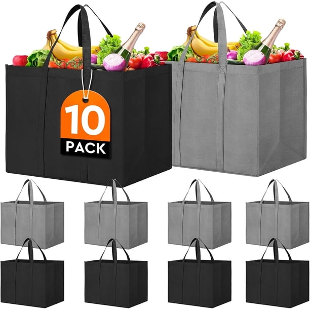 Bolsas reutilizables para la compra, paquete de 10, grandes y plegables, ecológicas, con asa larga para comprar comida y ropa (gris y negro).