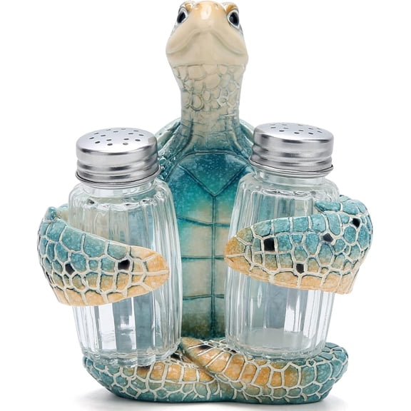 Decorative Blue Sea Turtle Salt and Pepper Shaker Holder, Coastal Kitchen Decor (Blueturtle)