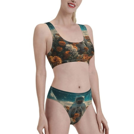Uemuo Astronaut Flower Field Printed Women s High Waisted Bikini Sets Sporty Two Piece Swimsuits Color Block Cheeky High Cut Bathing Suits-Medium