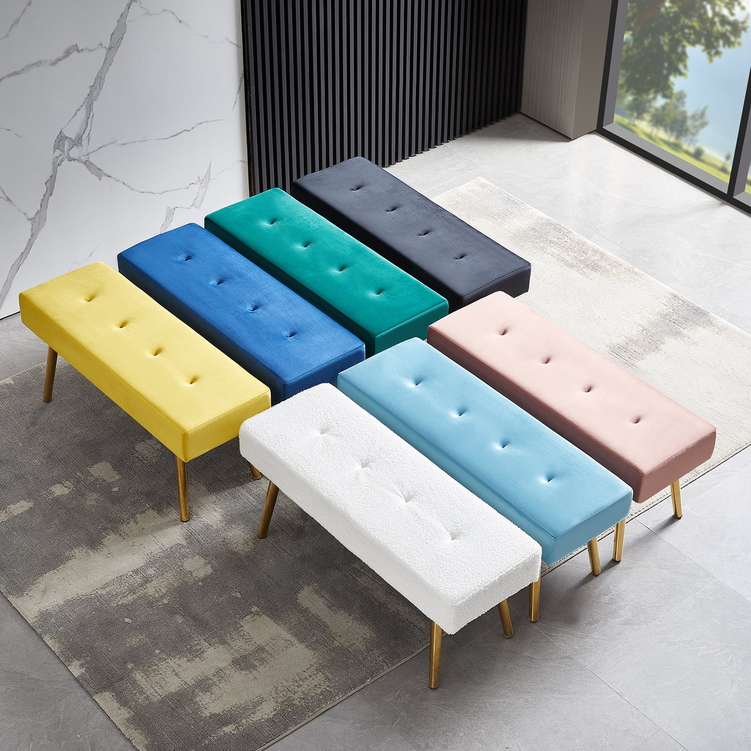 Kadyn Modern Long Bench, Velvet Bed End Stool with Gold Legs, Upholstered Bench Ottoman for Entryway and Bedroom, Dark Green