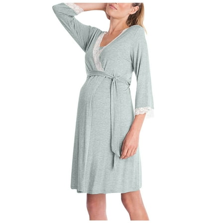 

amousa Fashion Women Lace Stitching Seven Sleeve Maternity Casual Dress Gown Pajamas