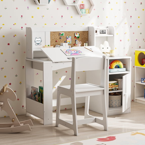 Reasea Kids Study Desk and Chair Set with Tiltable Desktop, Hutch & Storage - Wooden Writing Table for Ages 5-12,White