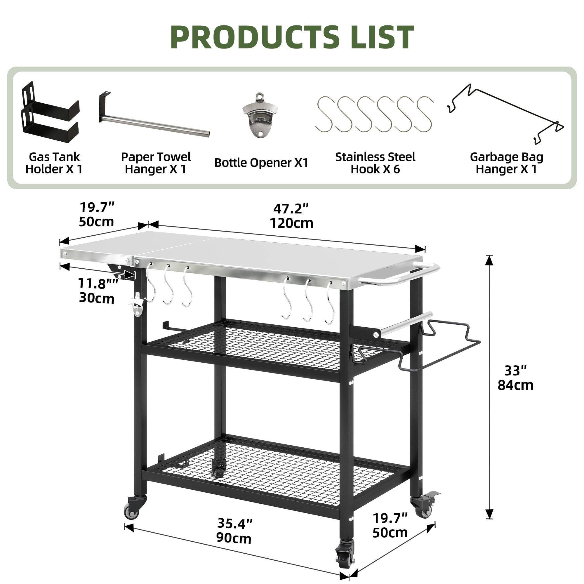 Uforic Rolling Outdoor Grill Table with Wheels, 3-Shelf Pizza Oven Cart and Folding Extension Board