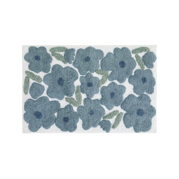 Noble Linens Floral Pattern Cotton Bath Mat, 24 in x 17 in, Blossoms Light Blue
