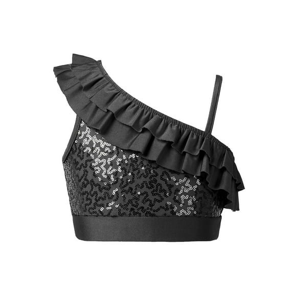 renvena Kids Girls Asymmetrical Shoulder Straps Ruffle Dance Stage Performance Crop Tops Black 10