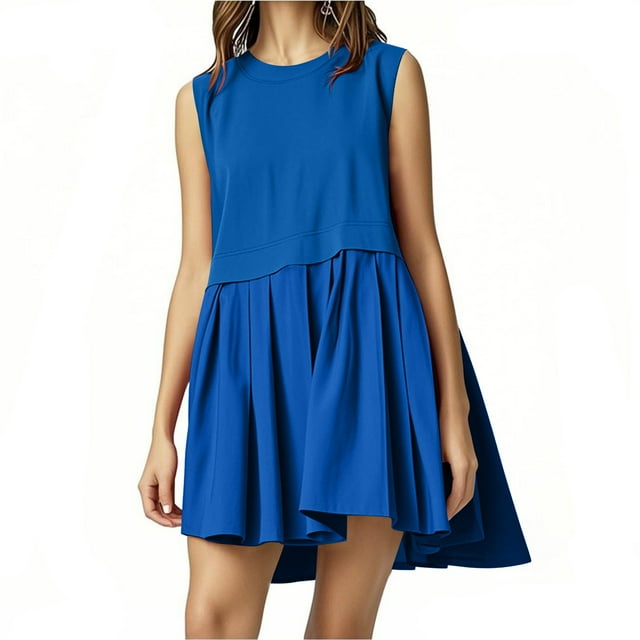 LOVZFMLL Robes d'Été pour Femmes Mignonnes Sans Manches/manches Courtes Col Rond à Volants Plissées Ligne A Fluides Mini Robes Amples Décontractées Tenues de Mode Bleues