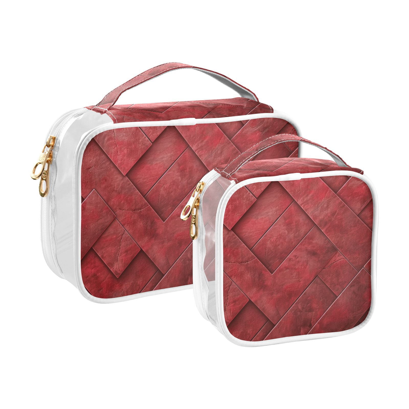 Clear Makeup Bags with Handle Large Opening 2 Pack Set Toiletry Bag Quart Size Bag, for Women Man Traveling Travel Essentials, Toiletries and Other. Red Leather Pattern Mix