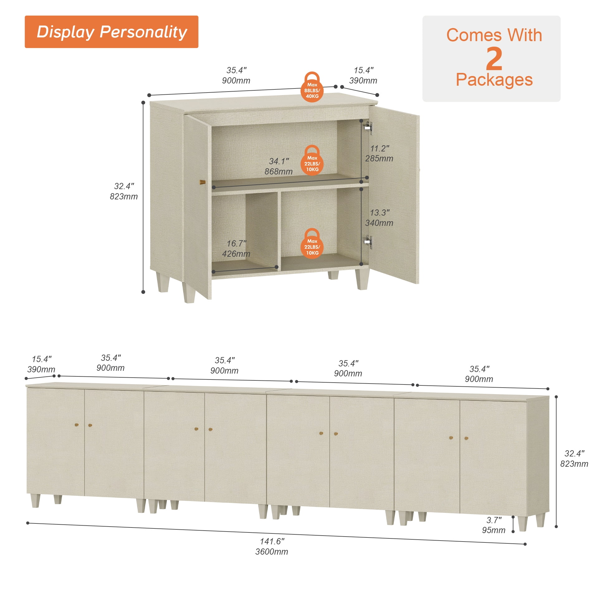 WAMPAT TV Stand Cabinets for 110+ Inch Flat Screen, 4-in-1 Modern Highboy Wooden Entertainment Center with 12 Compartments, Dark Beige