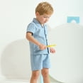 thumbnail image 6 of GYRATEDREAM Toddler Boy Shorts Set Boy Cotton Linen Short Sleeve Button Down T-Shirt Tops and Shorts Set Summer Outfit Set for 2-3Y Blue, 6 of 9