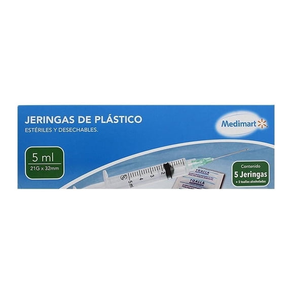 Jeringas Medimart estériles 21 g X 32 mm 5 pzas de 5 ml