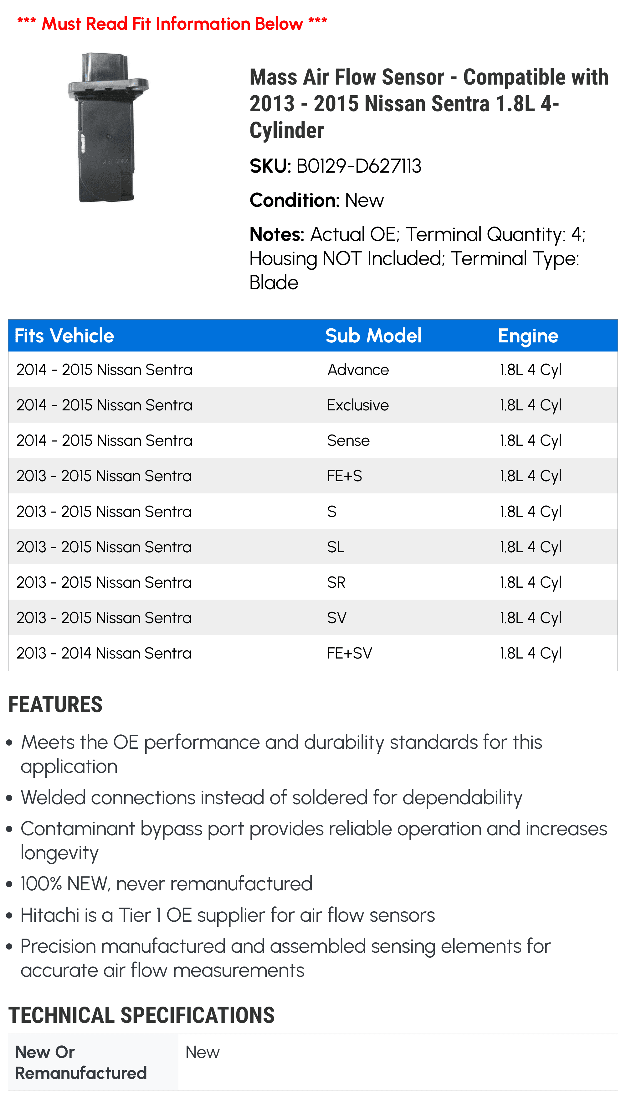 Mass Air Flow Sensor - Compatible with 2013 - 2015 Nissan Sentra 1.8L 4-Cylinder 2014