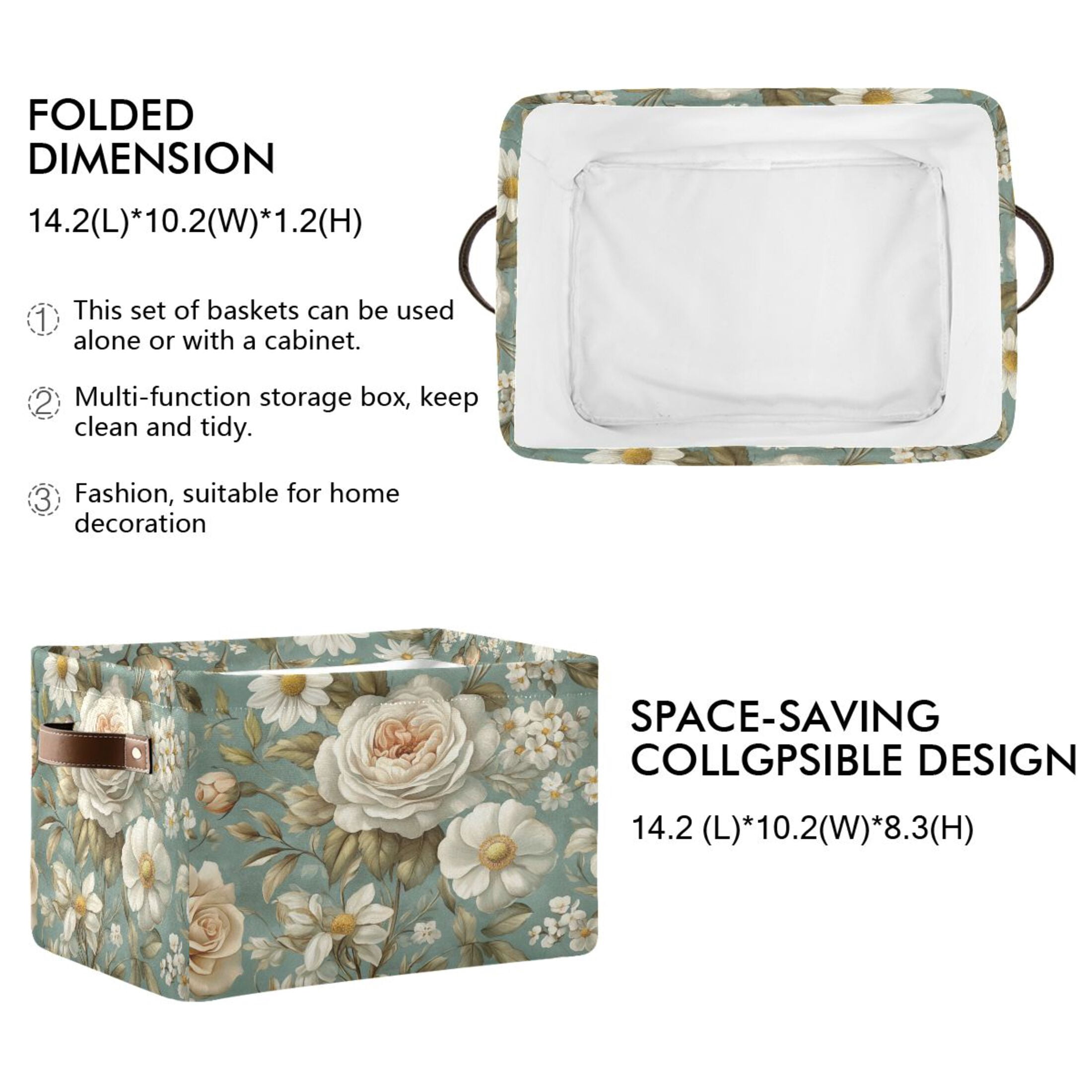 Vintage Floral Pattern Foldable Storage Basket,Canvas Fabric Foldable Storage Bins with Handles Open Home Storage Bins Boxes for Toy Book Shelf Closet Baskets