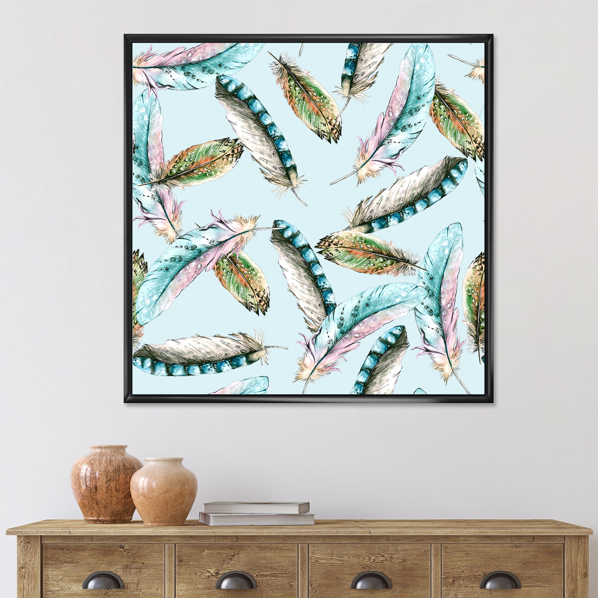 Designart 'Green Bird Feathers On Blue Background' Bohemian & Eclectic Framed Canvas Wall Art Print