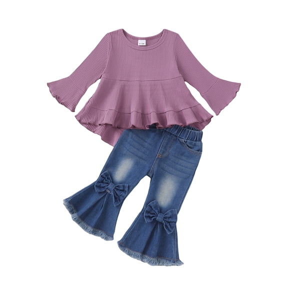 Yaoqi 2T Toddler Girl Outfit Set 3T Child Girls Winter Clothes Ruffle Long Sleeves Pullover Top Bowknot Flared Denim Pants 2pcs Clothing Purple