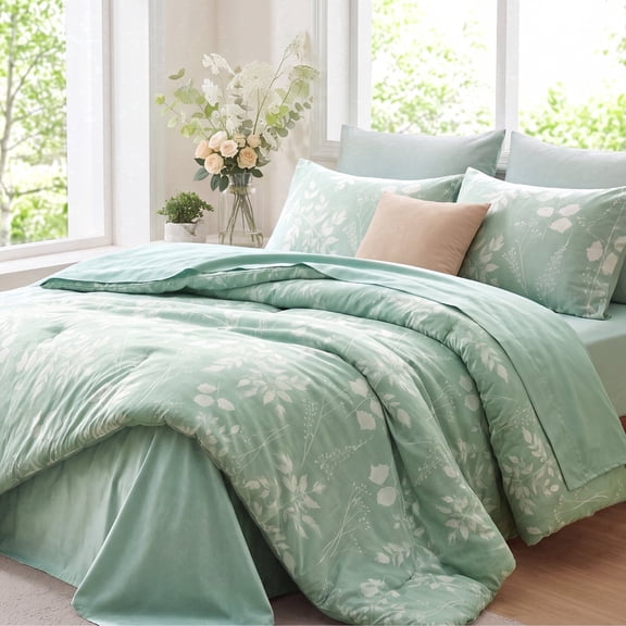 U by Bedsure Queen Comforter Set Sage Green, Bed in a Bag Queen Size Bedding, 7-Pieces Botanical Flowers Spring Comforter, Sheets, Pillowcases & Shams