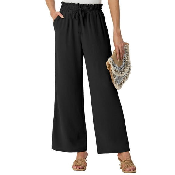 GIRUNS Women's Wide Leg Pants High Waist Adjustable Knot Casual Loose Trousers With Pockets Business Work Casual Pants Black L