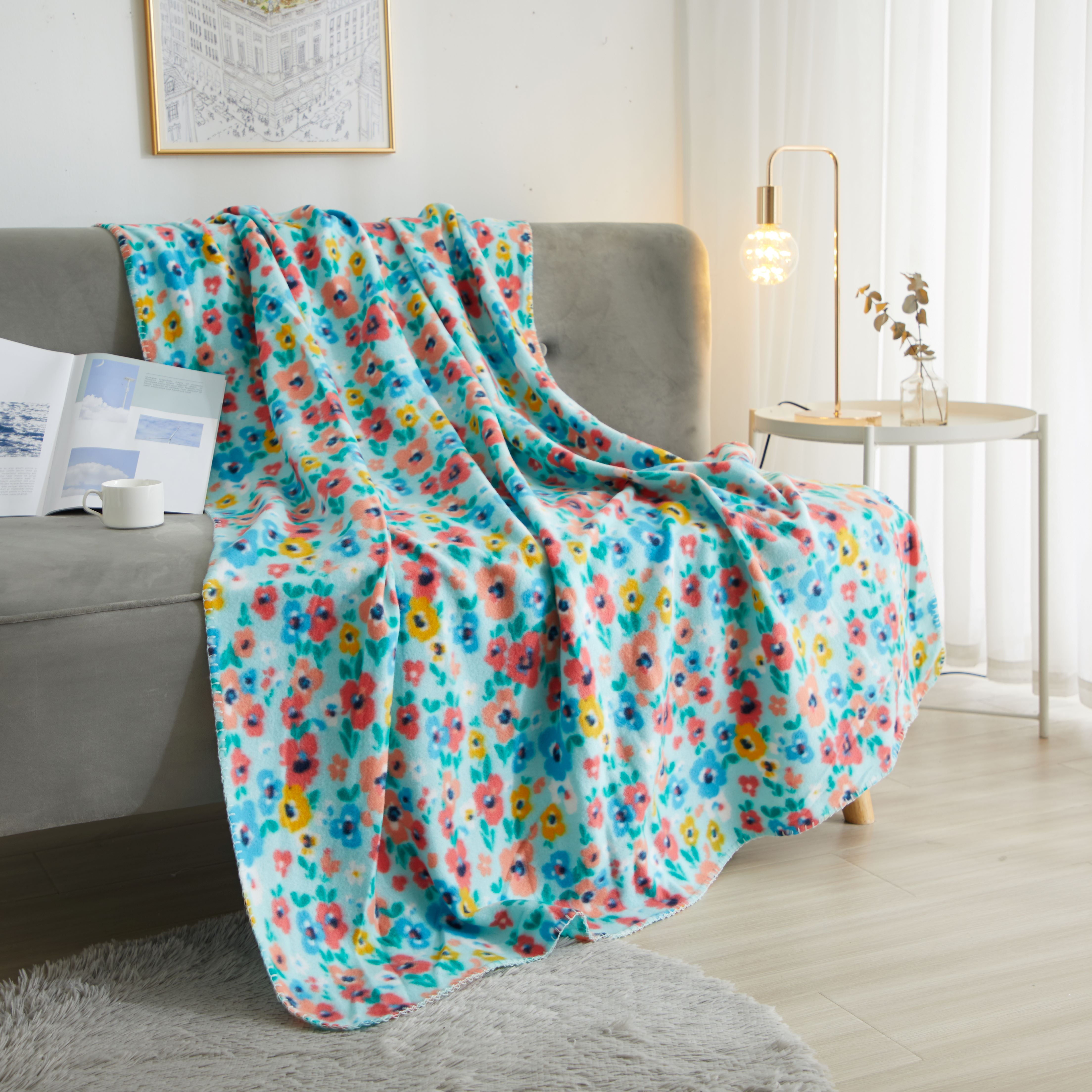 Mainstays Fleece Plush Throw Blanket, 50" x 60" inches, Blue Floral Polyester, Machine Washable