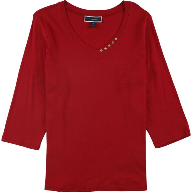 Karen Scott Blusa de jersey con ribete de botones para mujer, rojo, 3X