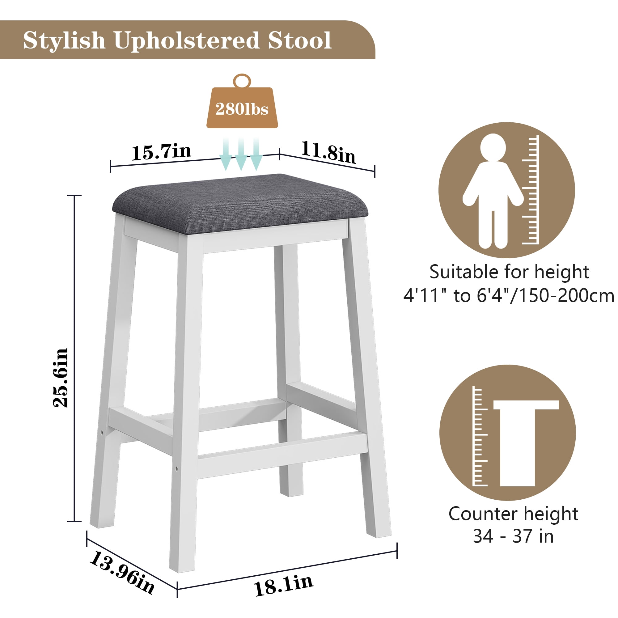 HLR 24.8" Bar Stools, Farmhouse Set of 2 Bar Chairs with Cushion for Kitchen, Dining Room, Cafe White