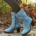 thumbnail image 2 of Leozcaa Denim Mid-Calf Boots for Women Round Toe Chunky High Heel Jeans Blue Side Zipper Ankle Boots, 2 of 9