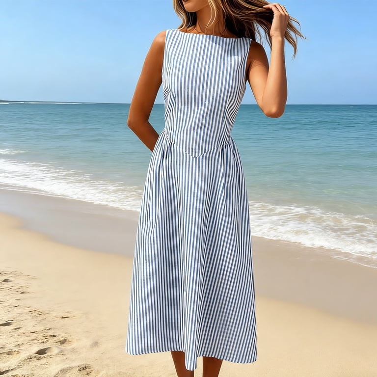 ctdiral Womens Cotton Stripe Midi Dress Boat Neck Sleeveless Tank Dress Solid Color Flowy A-Line Dress Summer Cocktail Party Fromal Dress Pink S ctdiral Womens Cotton Stripe Midi Dress Boat Neck Sleeveless Tank Dress Solid Color Flowy A-Line Dress Summer Cocktail Party Fromal Dress Pink S