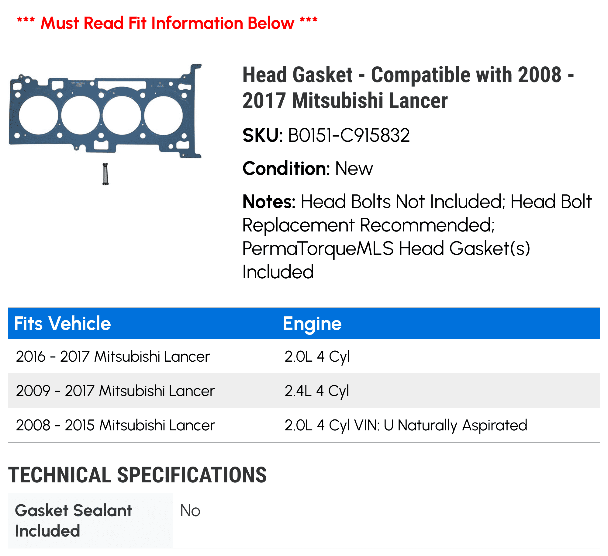 Head Gasket - Compatible with 2008 - 2017 Mitsubishi Lancer 2009 2010 2011 2012 2013 2014 2015 2016