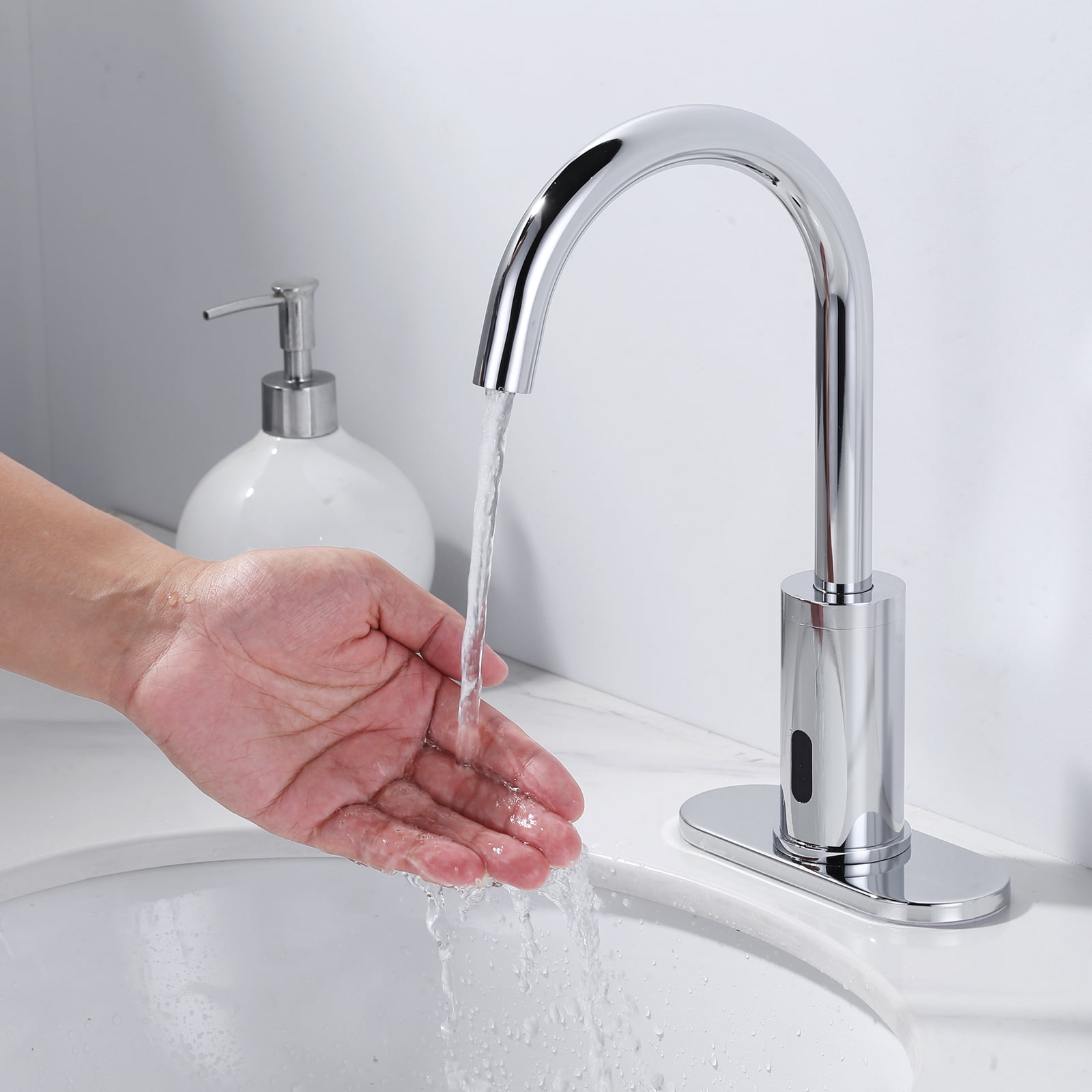 WOWOW Touchless Bathroom Faucet - Tall Automatic Bathroom Sink Faucet with Single Hole, Control Box and Temperature Mixer for Vanity with Deck Plate, Chrome