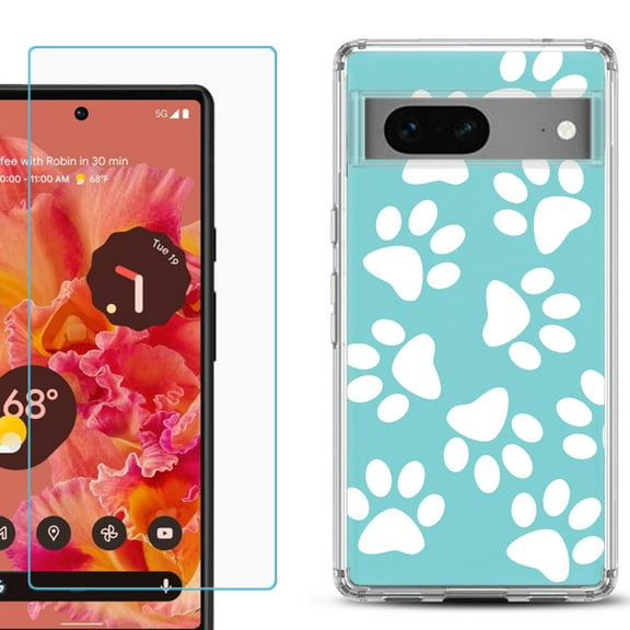 Slim-Fit Gel TPU Phone Case for Google Pixel 7, with Tempered Glass Screen Protector, by OneToughShield ® - Pet Paw / Teal