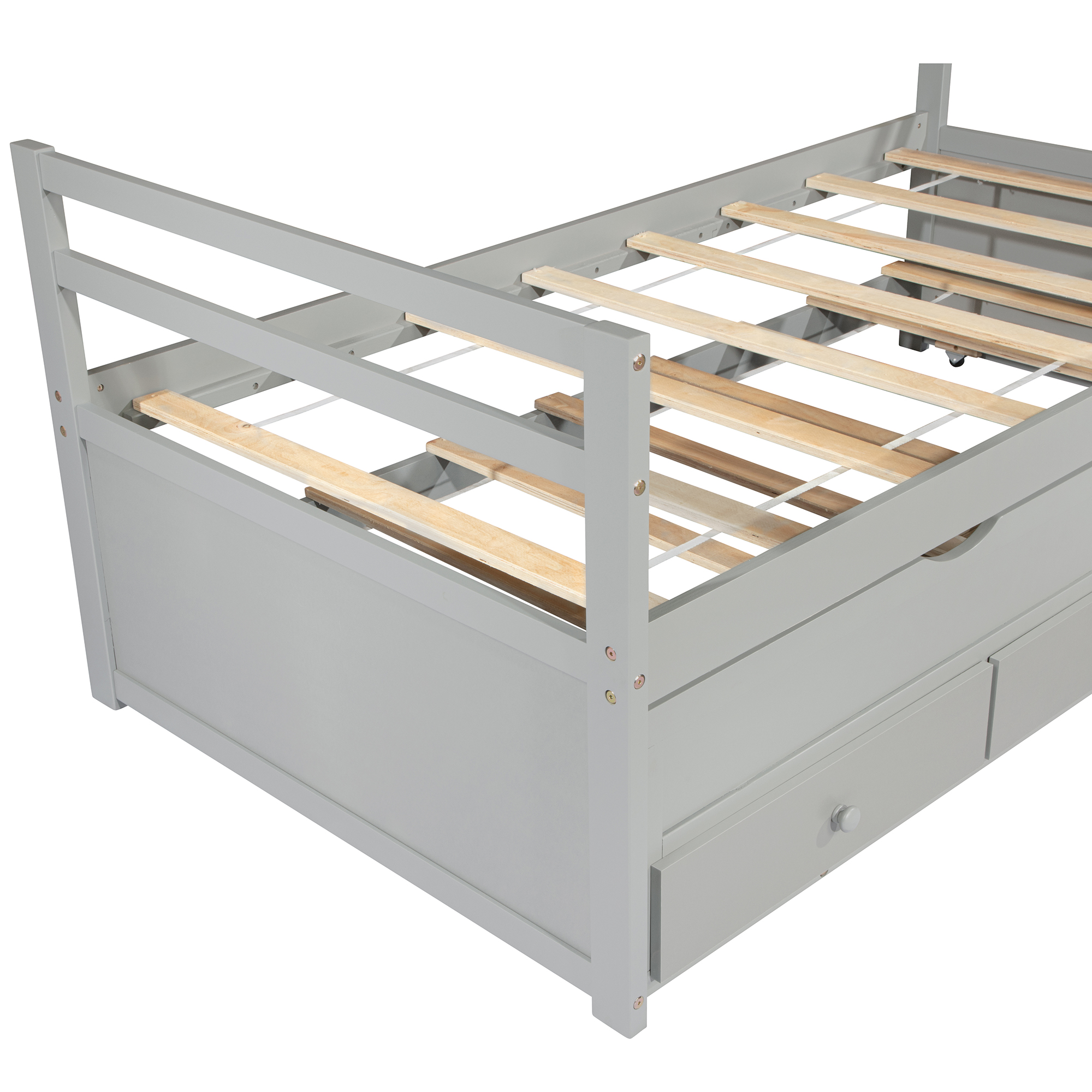 Miniyam Wood Twin Size Bed with Trundle, Storage Drawers for Kids, Gray