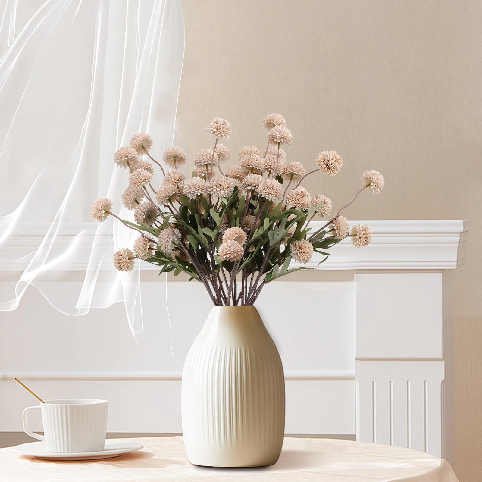 Trianu 6Pcs Artificial Silk Pompon Mum Flowers, Fake Small Chrysanthemums with Stems for DIY Bouquet Centerpieces Wedding Fillers Arrangements Shower Decorations, Beige
