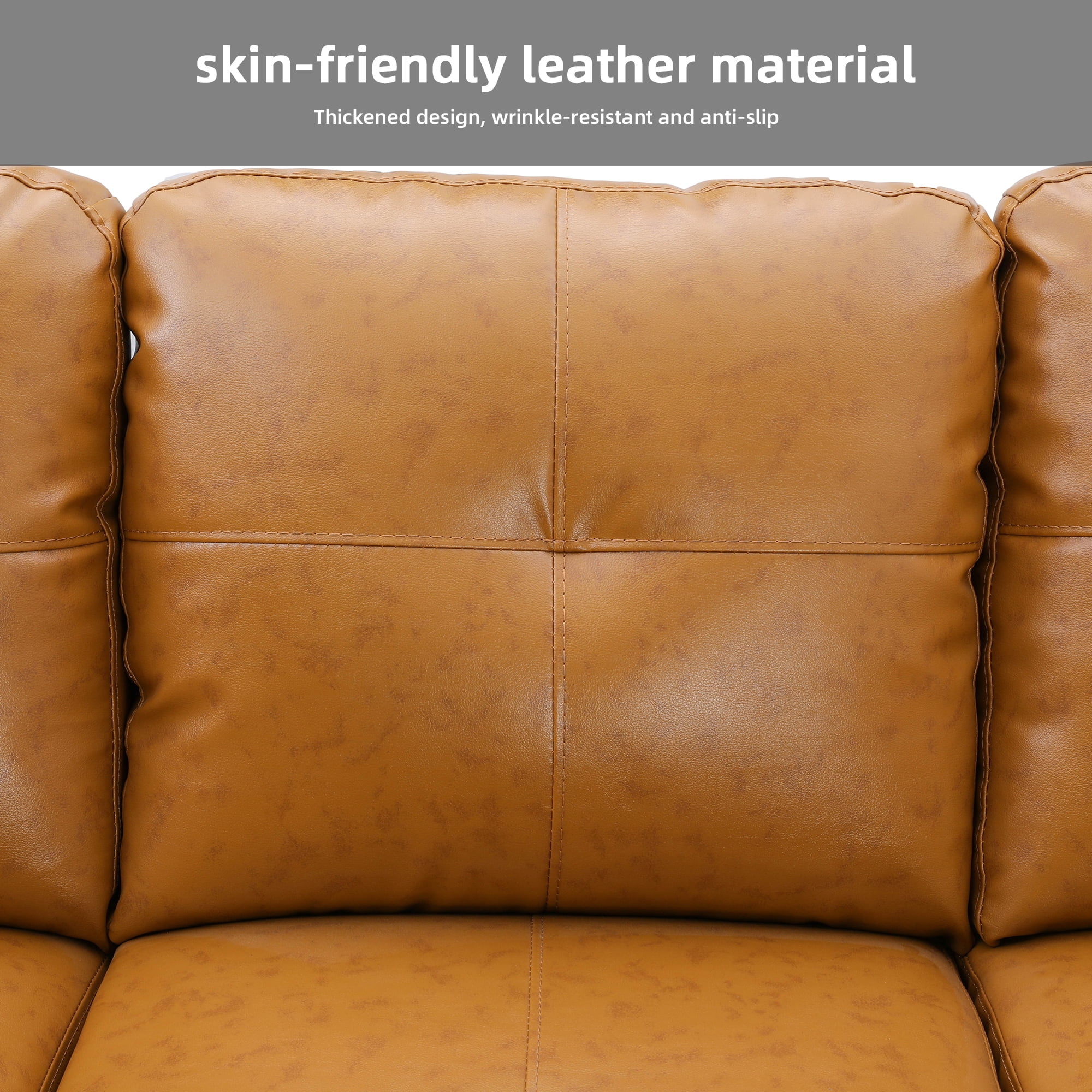 MAYEERTY 97" Faux Leather Sectional Sofa, 3-Piece Couch Living Room Sofa Set with Ottoman, Ginger (Right)