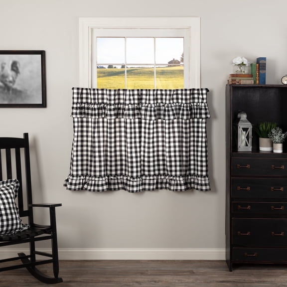 VHC Brands Annie Check Cotton Ruffled Tier Set, Black & White (2 Panels)