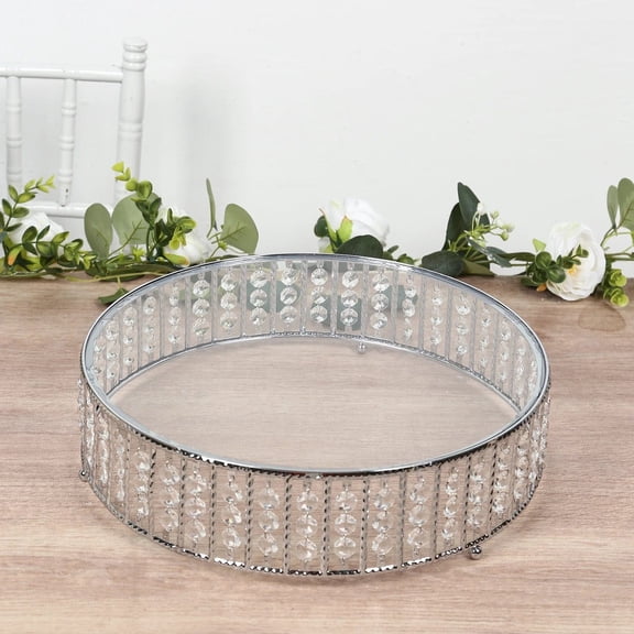 BalsaCircle Silver 14 in Metal Round Cake Stand with Glass Top and Hanging Crystal Beads Birthday Party Wedding Tabletop Decorations