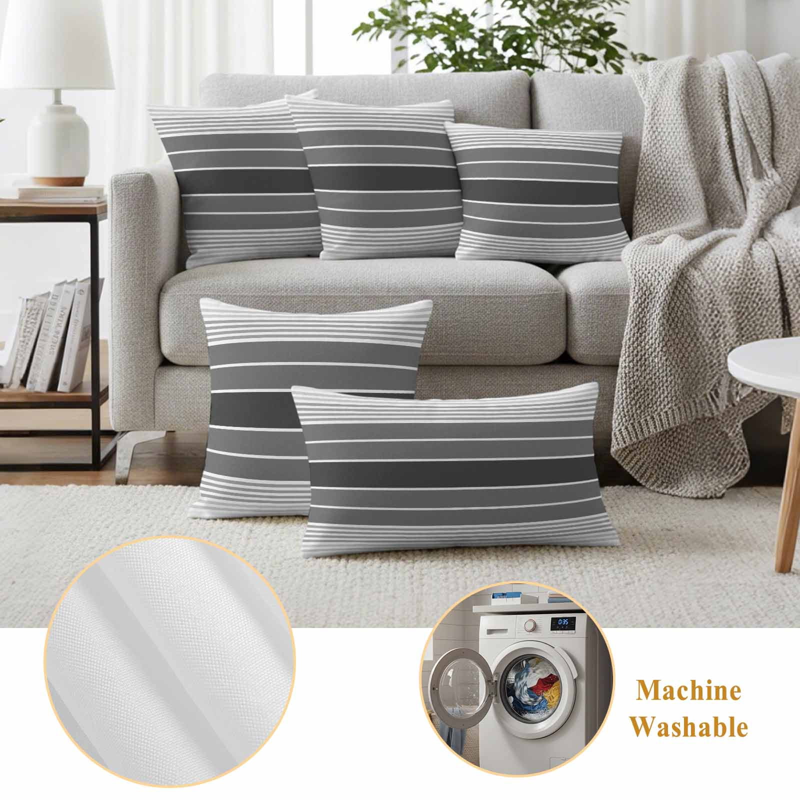 Gradient Grey Striped Outdoor Waterproof Pillow Covers, Simple Farm Stripes Minimalist Decorative Square Throw Pillowcase Sofa Cushion Sham for Patio/Couch/Chair, 26"x26" 2 Pack