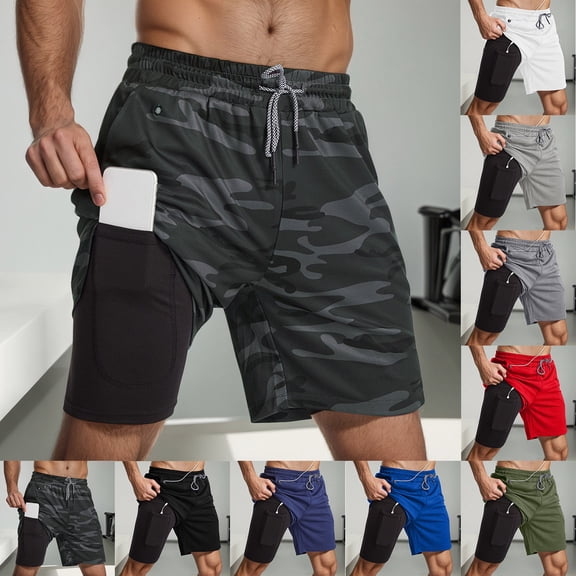 FASHOFT Mens Gym Shorts Double Layer Running Basketball Multi Functional Tight Knee Length Breathable Elastic Fitness Training Workout Shorts XL