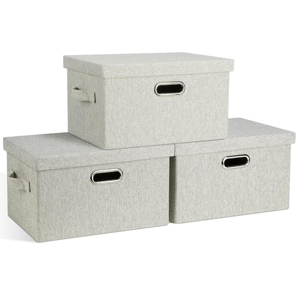Medium 15" 21 Quart Collapsible Stackable Storage Bins with Lids, 3 Packs Beige Foldable Fabric Closet Boxes Heavy-duty Linen Cube Baskets Container for Bedroom Office (15 x 11 x 8)