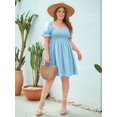 thumbnail image 6 of Plus Size Women Casual Dress Square Neck Puff Sleeve Smocked Waist Flowy Short Dress for Vacation Blue 4XL, 6 of 8