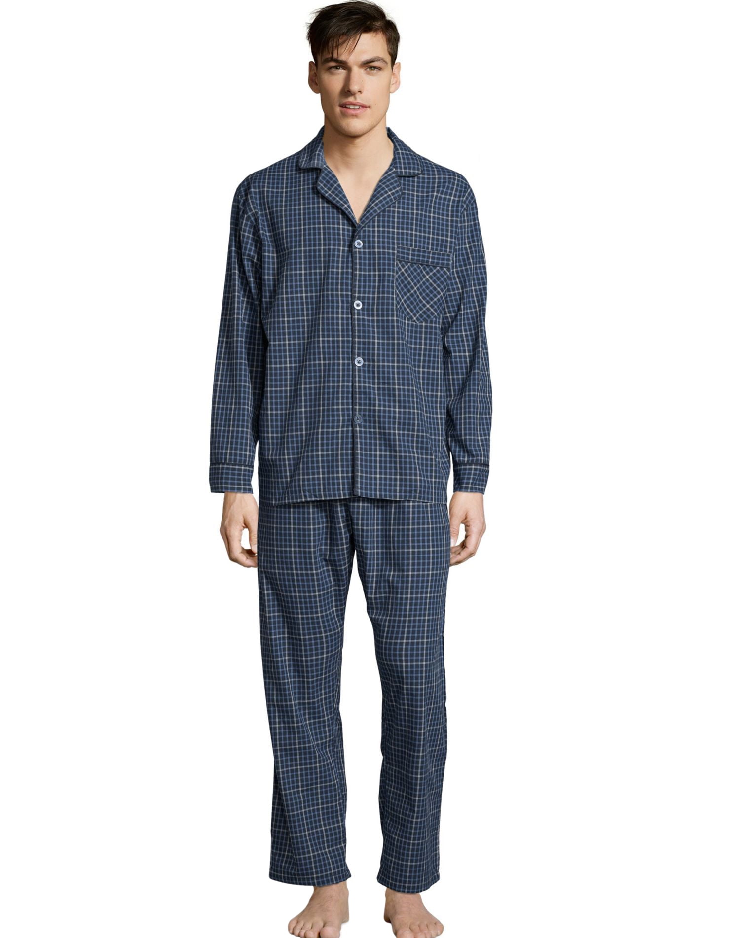 2X L XL Hanes MEN'S Woven Pajama Long Sleeve Shirt & Pants Grey Checked Plaid