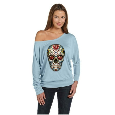 Skull Red Roses Tatoo Art Day of the Dead Womens Off The Shoulder Top (Red Dead Best Horse)