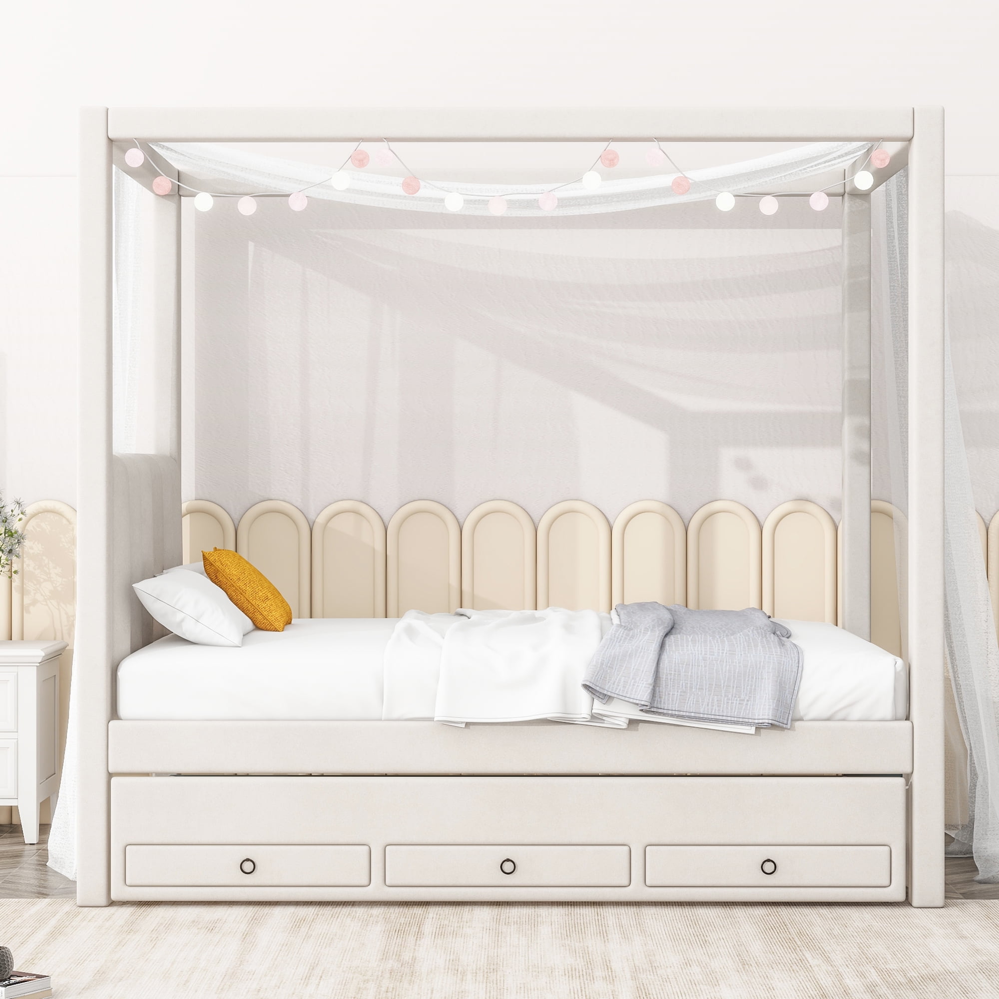 EUROCO Upholstered Twin Size Canopy Bed Frame with Trundle Bed and 3 Drawers, Platform Bed with Headboard for Kids Teens Adults, Beige