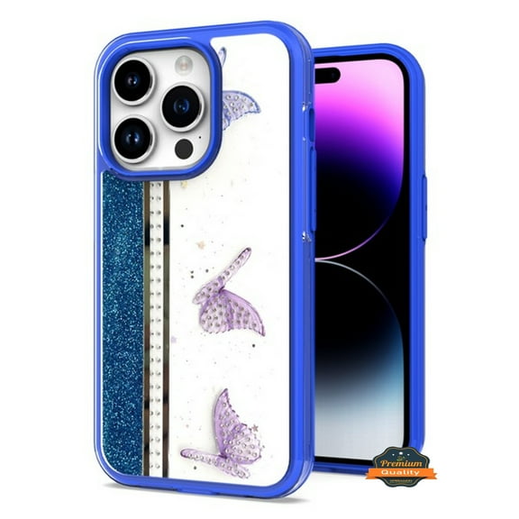 For Apple iPhone 14 Pro /6.1" Butterflies Design Bling Glitter Shockproof Hybrid Soft TPU Frame and Hard PC Back Slim Phone Case Cover by Xpression - ButterFly Blue