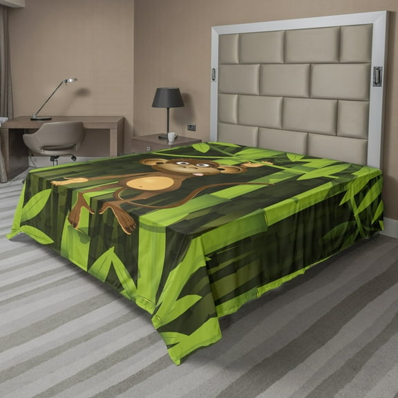 Jungle Flat Sheet, Wildlife Theme Illustration of a Monkey in The Woodland Print, Soft Comfortable Top Sheet Decorative Bedding 1 Piece, Queen Size, Brown Green, by Ambesonne