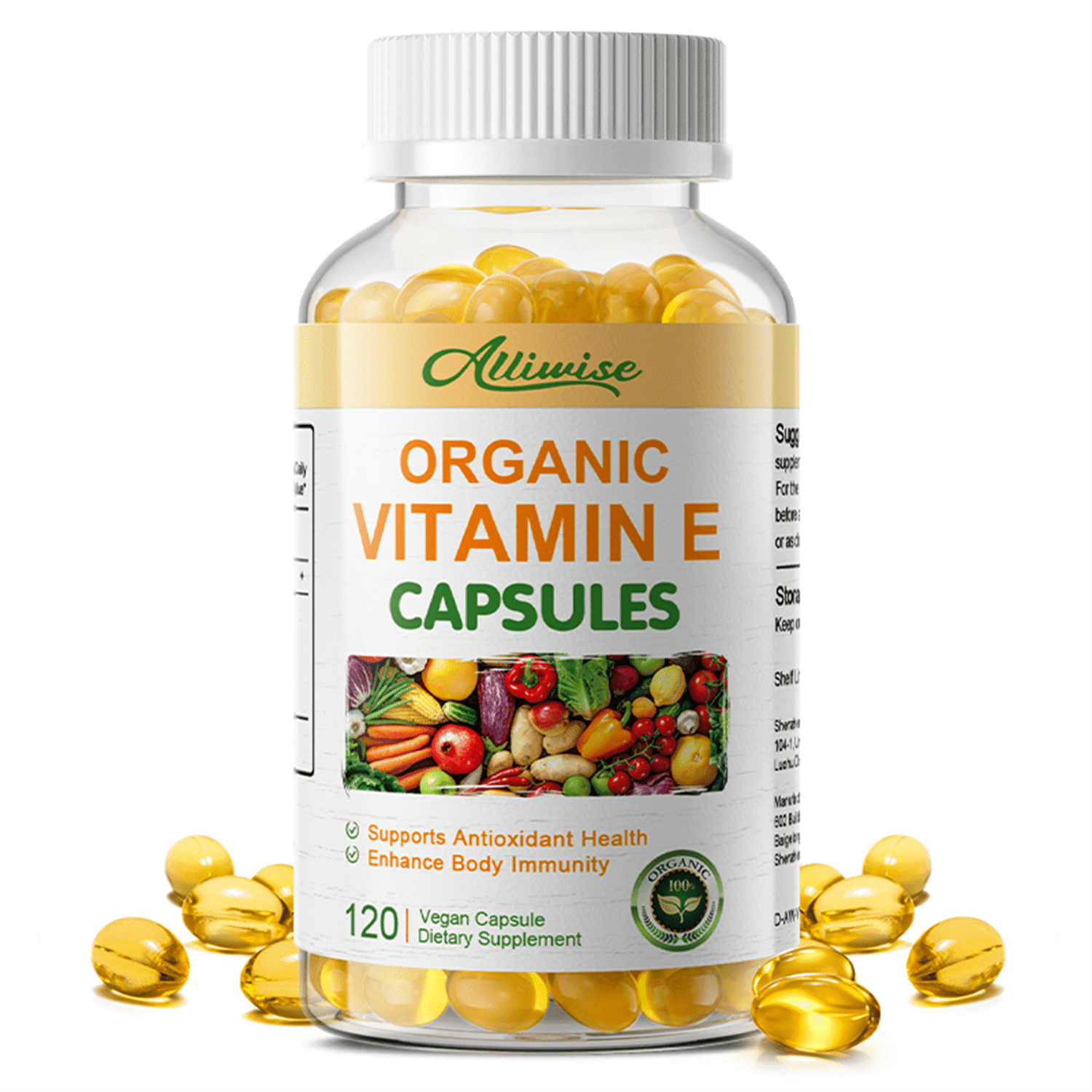 Alliwise Vitamin E 1000IU Softgels, High Potency Natural Antioxidant for Skin, Immune & Eye Health Support, Supports Healthy Hair & Nails, 120 Count