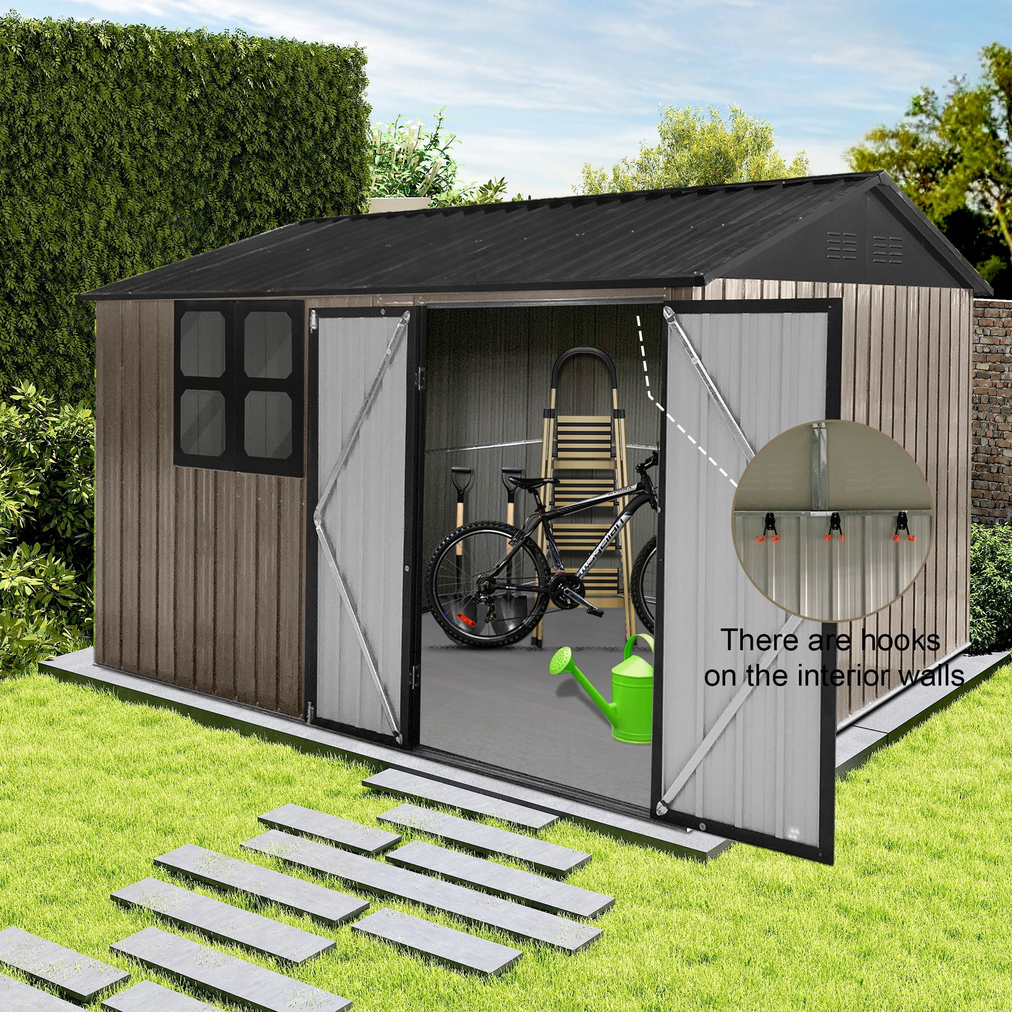 Aukfa 10FT x 8FT Outdoor Storage Shed, Metal Shed Storage with Window, Roof Slope Tool Shed with Door and Padlock for Backyards, Patio Lawns and Outdoor, Brwon