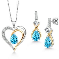 Gem Stone King 925 Sterling Silver and 10K Yellow Gold Swiss Blue Topaz White Moissanite and White Lab Grown Diamond Pendant Necklace Earrings Set for Women (4.67 Cttw, with 18 inch Chain)