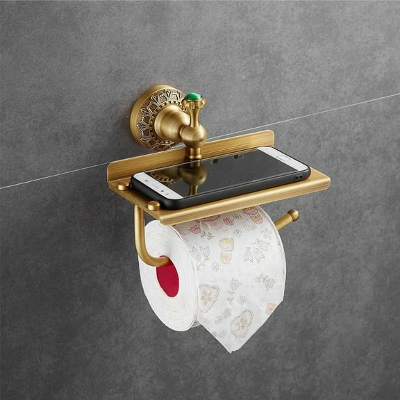 Bathroom Tissue/Toilet Paper Holder - Solid Brass Wall-Mounted Toilet Roll Holder with Mobile Phone Storage Shelf - Antique Brass Finish