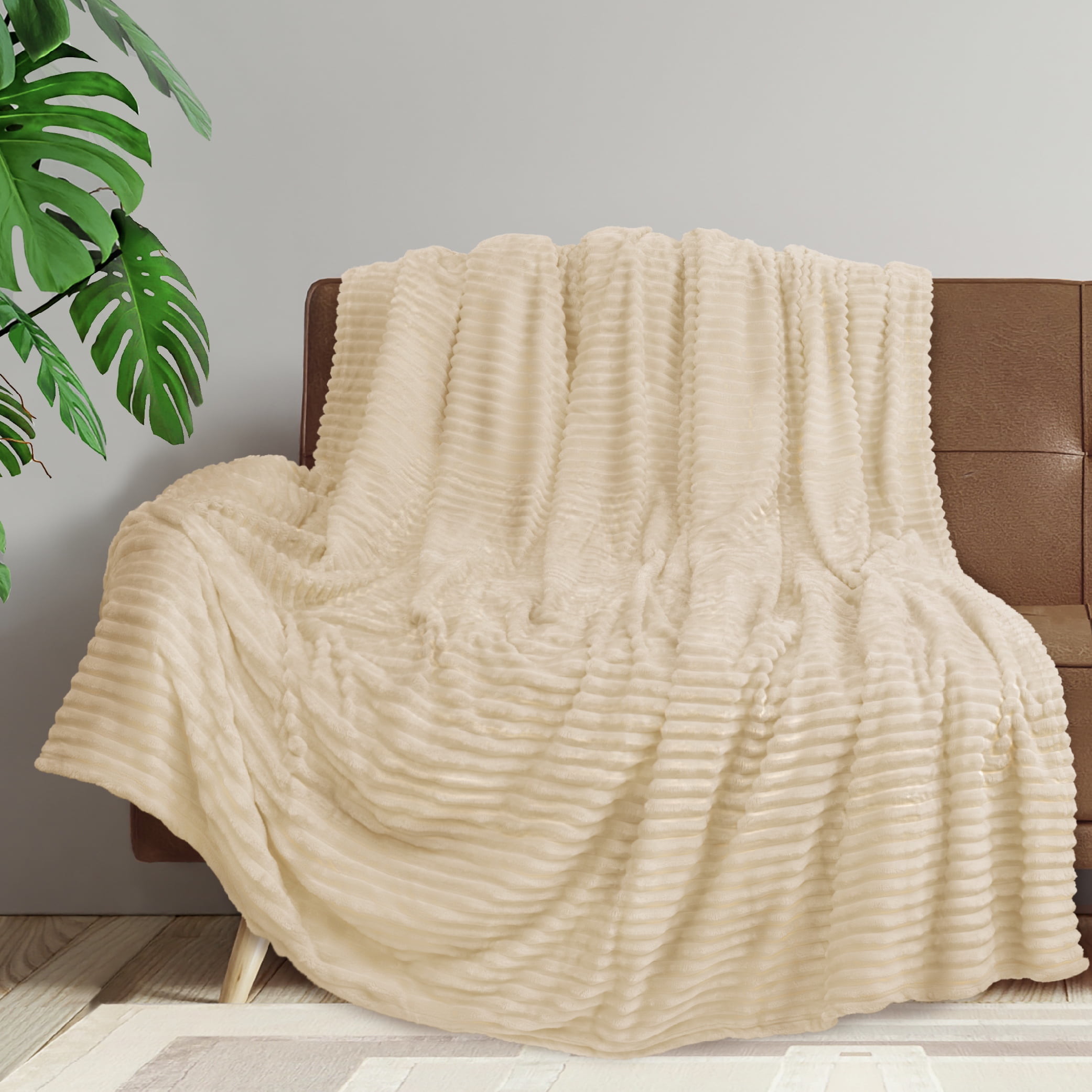 PAVILIA Super Soft Fleece Throw Blanket Cream Beige, Luxury Fuzzy Plush Flannel Throw, Warm Cozy Ribbed Microfiber Blanket for Sofa Couch Bed, Lightweight Striped Blanket, Beige, 50x60