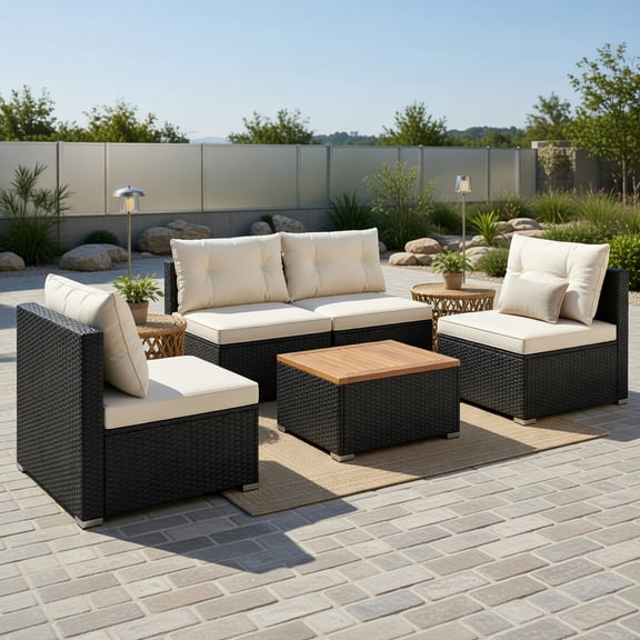Topcobe 5 Piece Outdoor Furniture Set with Solid Tabletop and Soft Cushions, Outdoor Deck Furniture