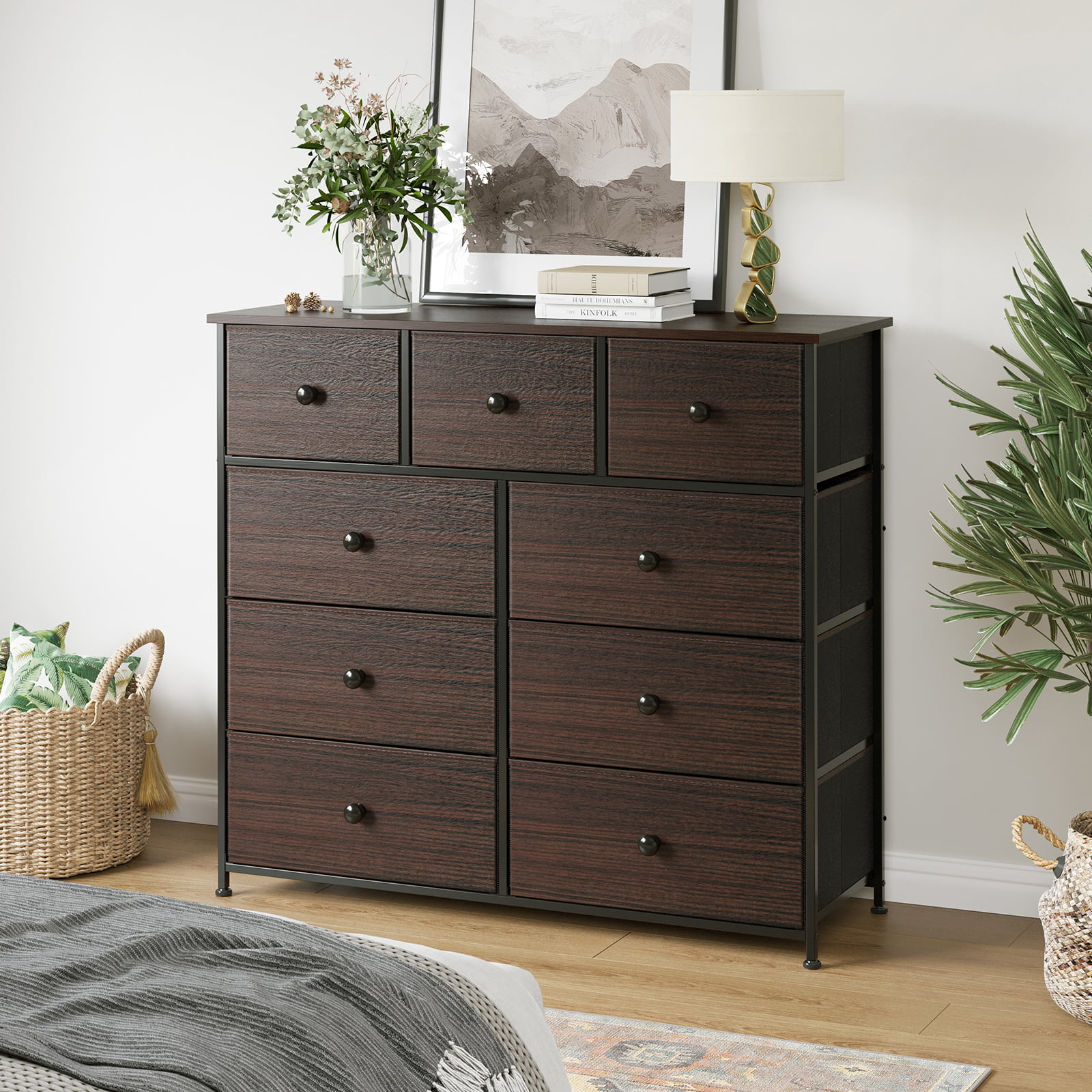 Chest of Drawers Rustic 5-Drawer Dresser Storage Floor Cabinet for Home Walnut 